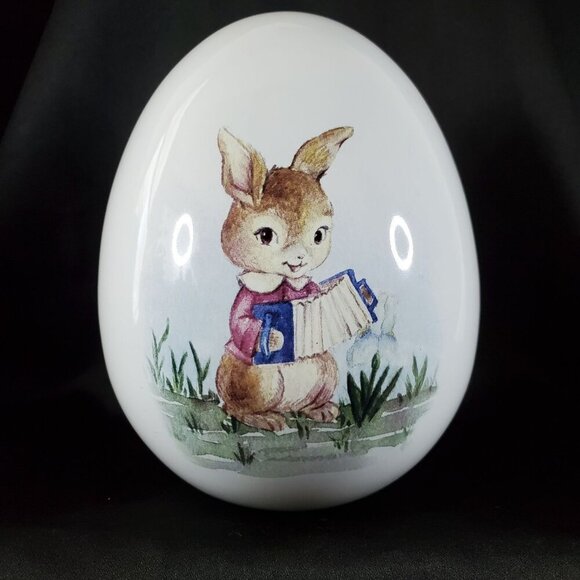 VTG Decorative Ceramic Egg With Easter Bunny Playing Accordion 6.5" Tall 4" Wide - Picture 2 of 8